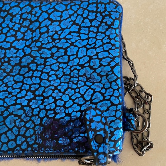 ETUI London Blue Leather Party Fur Foiled Print Clutch/Crossbody Shoulder Purse - Picture 4 of 6